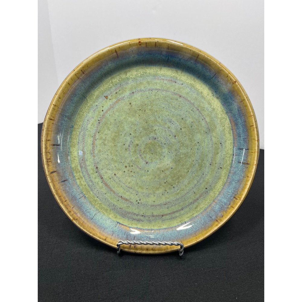 Studio Pottery Artist Signed BH Reactive Glaze Salad Plate Green Blue Ochre 8.5"